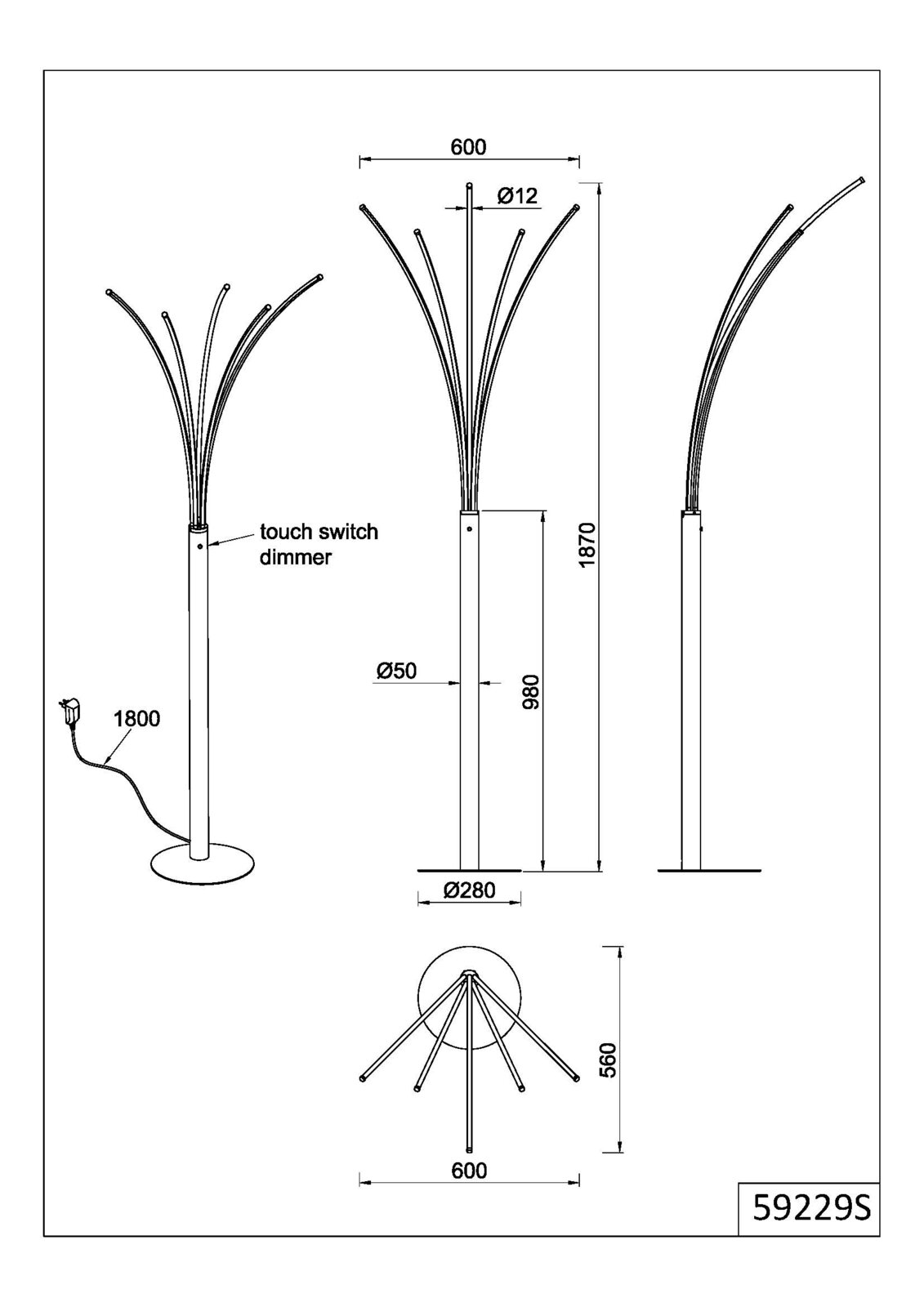 Technische Maßzeichnung einer modernen Stehleuchte mit rundem Fuß (Ø280), schlankem Rohr (Ø50) und mehreren gebogenen Lichtarmen (Ø12), Gesamthöhe ca. 1870 mm, Breite ca. 600 mm, mit Touch-Switch-Dimmer und 1800-mm-Kabel; dargestellt in Front-, Seiten- un