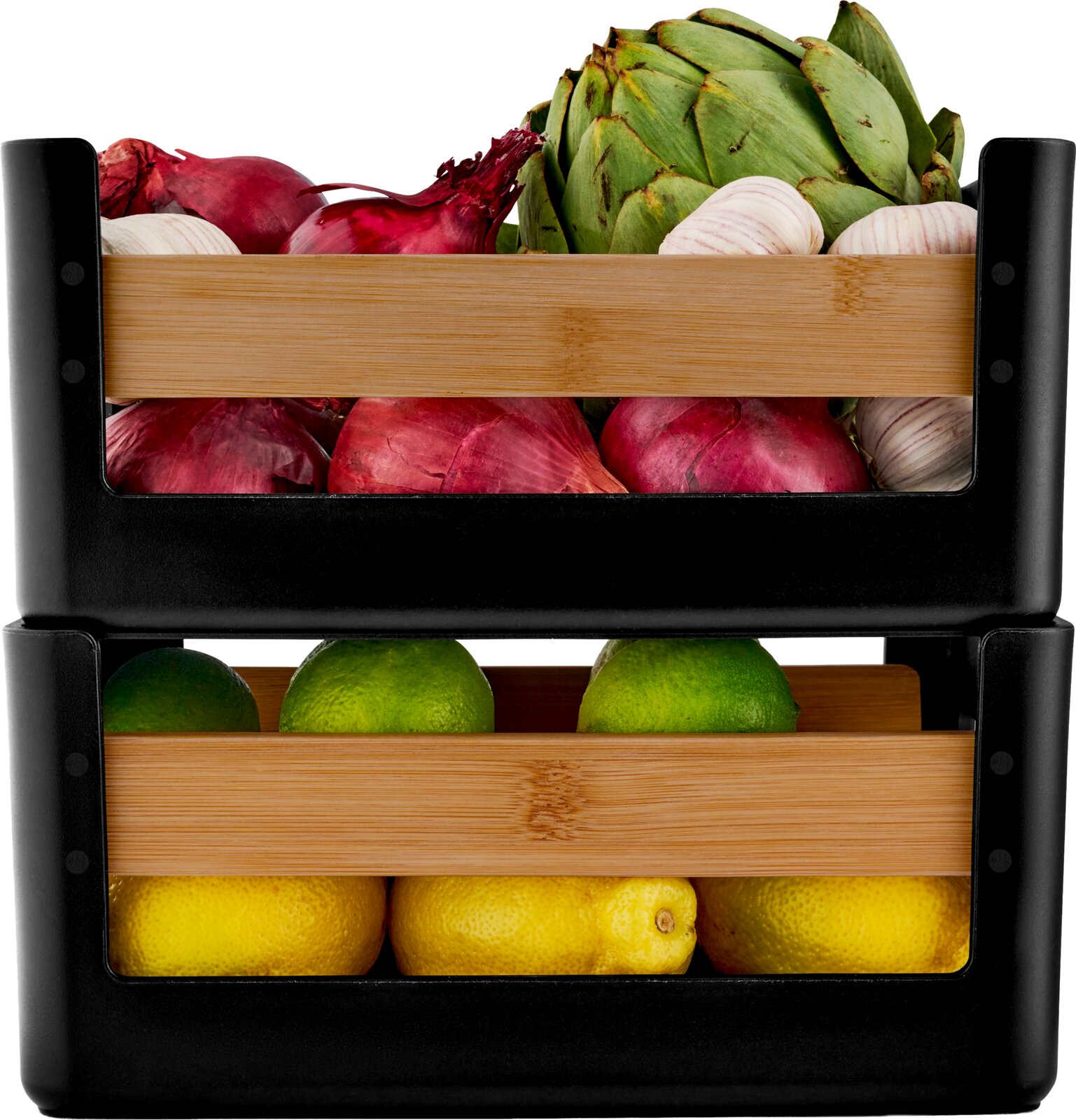Zwart metalen 3-laags groente- en fruitrek met bamboe latten, gevuld met rode uien, knoflook, artisjok, limoenen en citroenen, frontaal aanzicht.