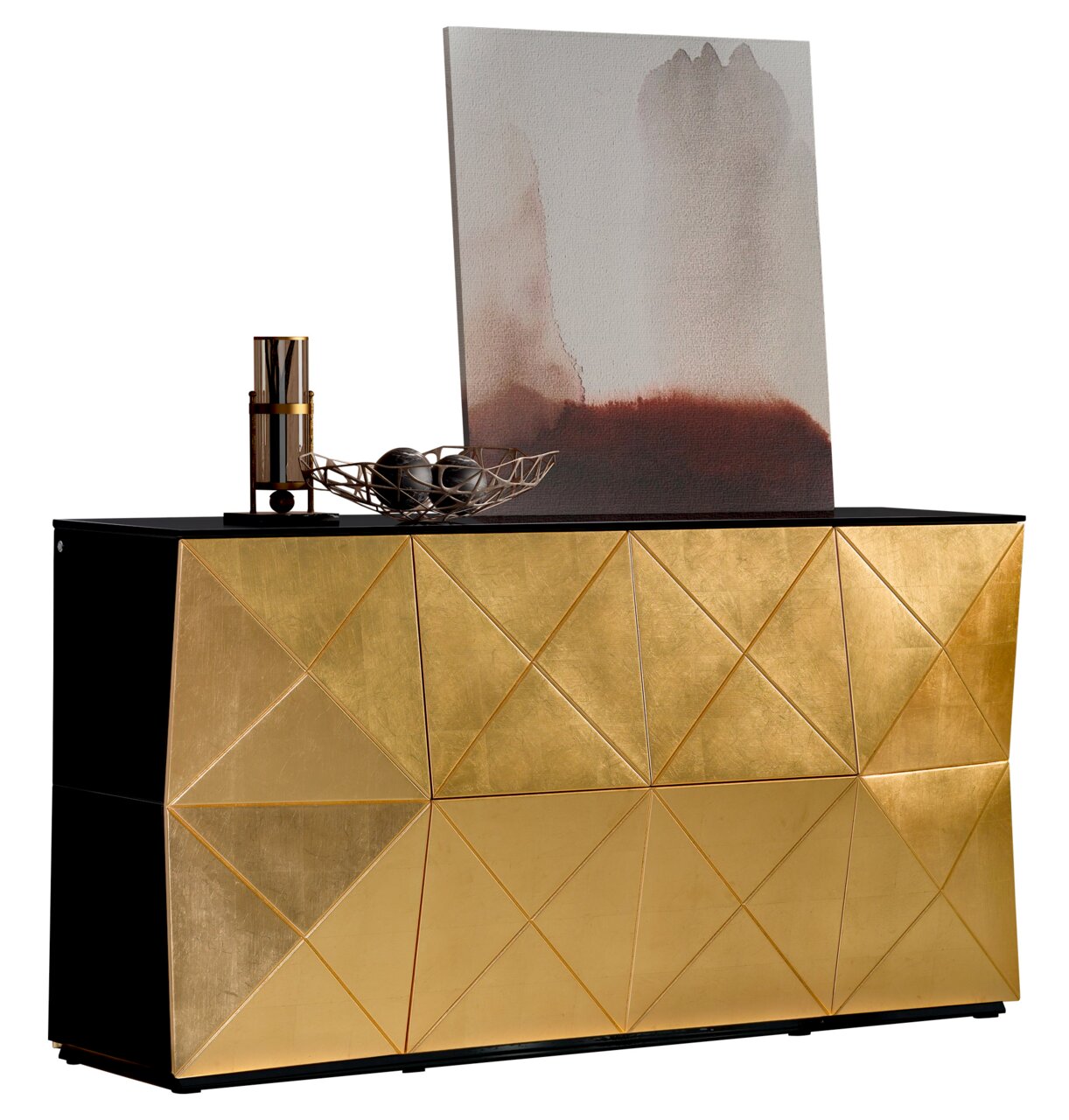 Elegantes Sideboard mit goldener geometrischer Front und schwarzer Oberseite, dekoriert mit Kunstobjekten, aus seitlicher Perspektive.