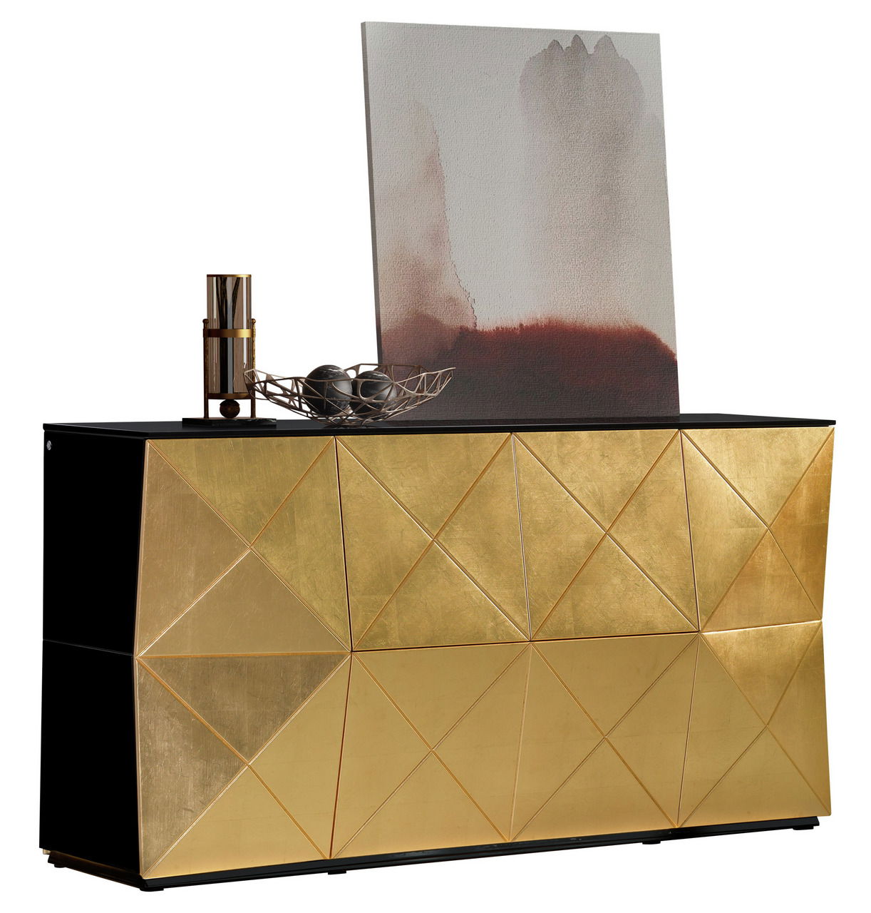 Elegantes Sideboard mit goldener geometrischer Front und schwarzer Oberseite, dekoriert mit Kunstobjekten, aus seitlicher Perspektive.
