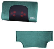 Türkises Massagekissen mit schwarzer Mesh-Front und roten Massagepunkten, Markenlogo „eZwell“, in Frontansicht; darunter die passende türkise Stoffhülle in Rückansicht vor weißem Hintergrund