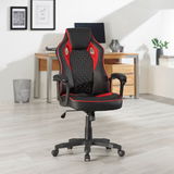 Gaming Stuhl in Schwarz und Rot, Vorderansicht, in einem modernen Büro.