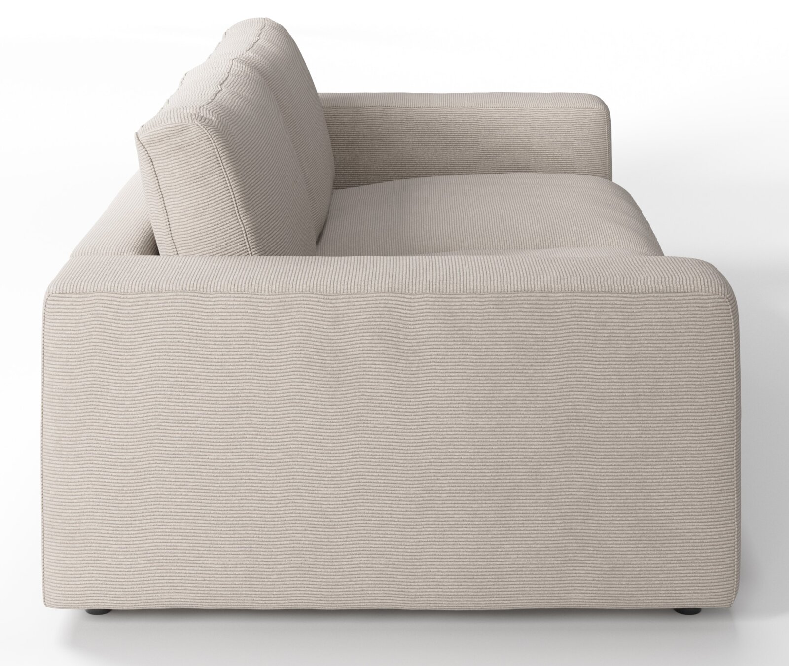 Zijaanzicht van een beige tweezitsbank met een strak ontwerp en rechte lijnen.