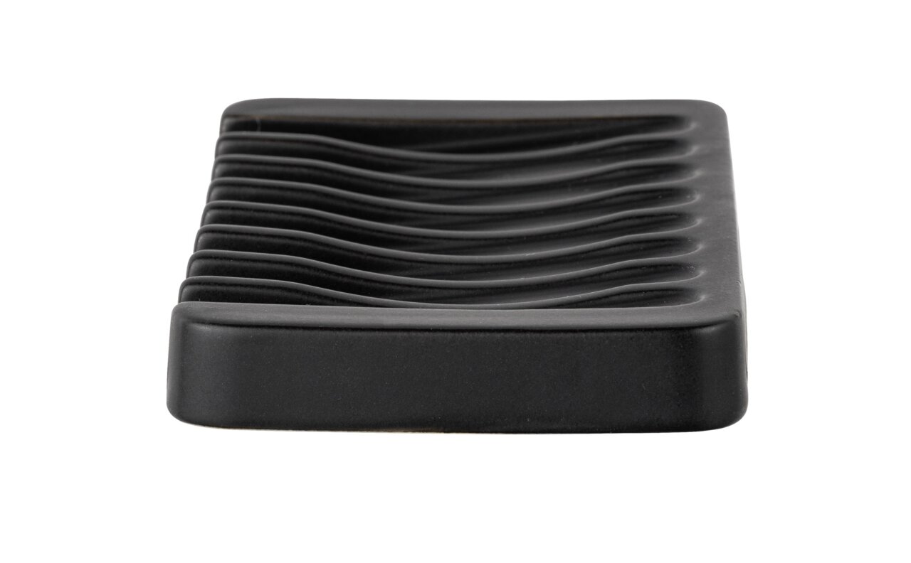 Keramik Seifenablage Soliera in Schwarz, seitliche Perspektive mit wellenförmigem Design