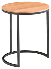 Runder Beistelltisch mit Holzplatte und schwarzem Metallgestell, seitliche Perspektive