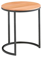 Runder Beistelltisch mit Holzplatte und schwarzem Metallgestell, seitliche Perspektive