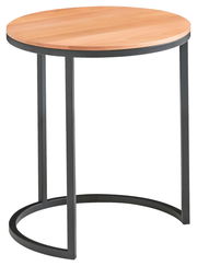 Runder Beistelltisch mit Holzplatte und schwarzem Metallgestell, seitliche Perspektive