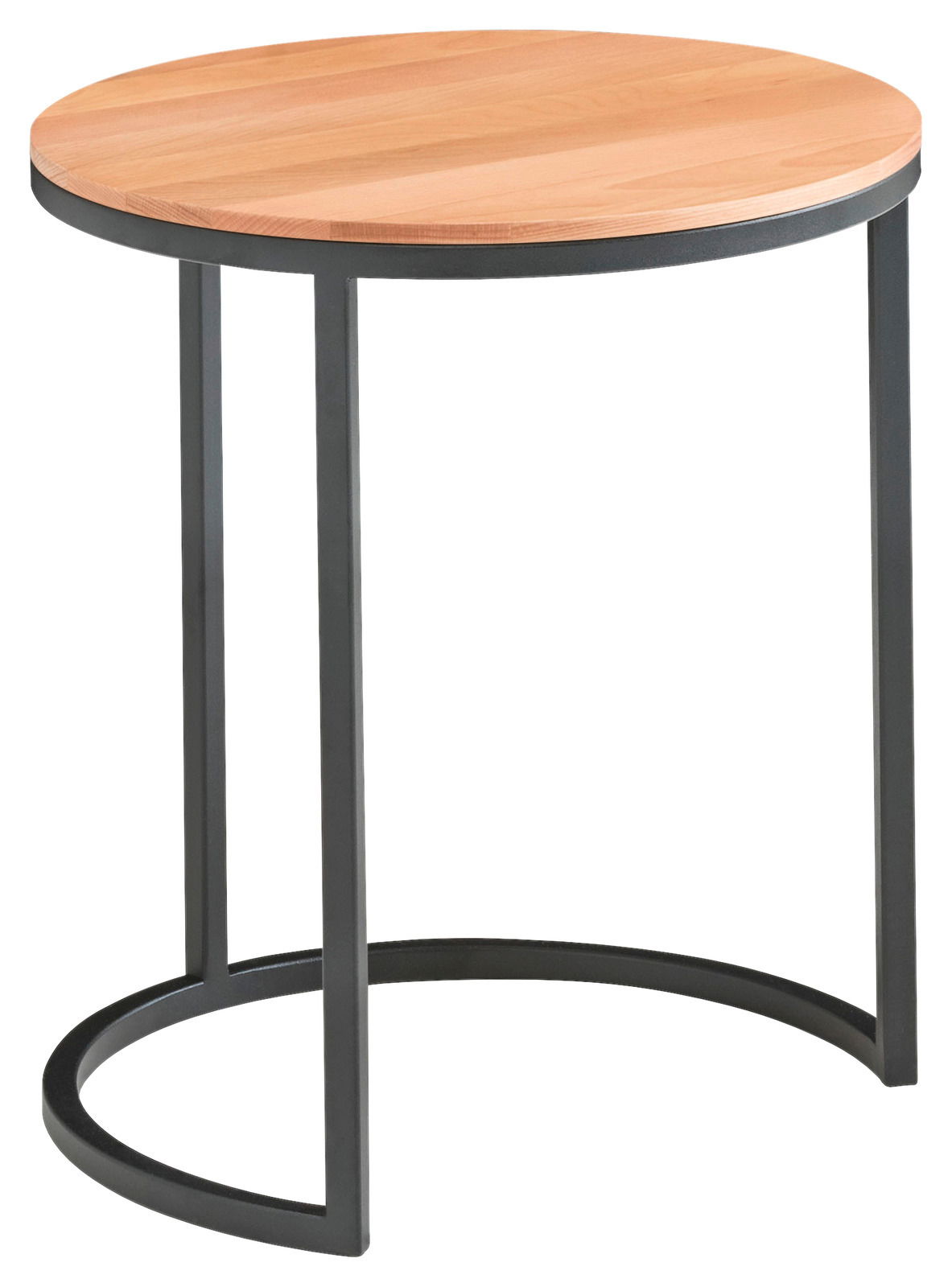 Runder Beistelltisch mit Holzplatte und schwarzem Metallgestell, seitliche Perspektive