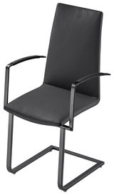 Moderner schwarzer Sessel mit Metallgestell und Armlehnen, seitliche Perspektive