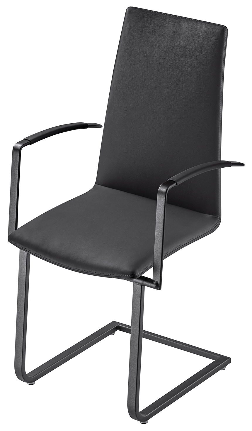 Moderner schwarzer Sessel mit Metallgestell und Armlehnen, seitliche Perspektive
