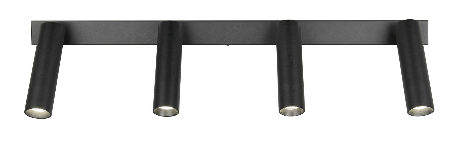 Schwarzer Strahler Ambala mit vier zylindrischen Leuchten, frontal abgebildet.