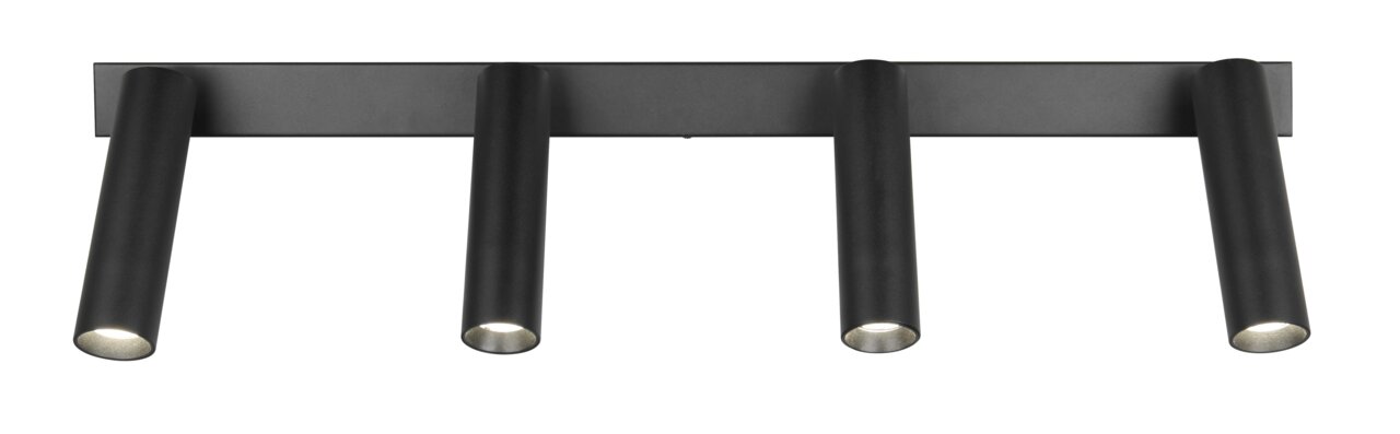 Schwarzer Strahler Ambala mit vier zylindrischen Leuchten, frontal abgebildet.