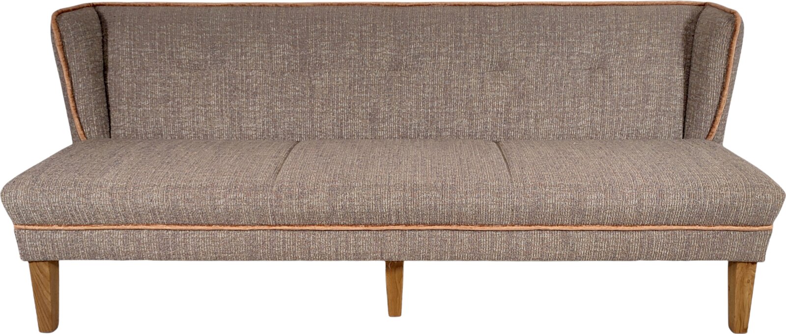 Gepolstertes 2-Sitzer-Sofa in taupefarbenem Stoff mit brauner Paspel und Holzfüßen, frontale Ansicht