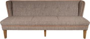 Gepolstertes 2-Sitzer-Sofa in taupefarbenem Stoff mit brauner Paspel und Holzfüßen, frontale Ansicht