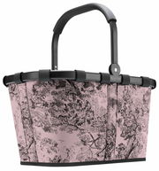 Rosa Einkaufskorb mit schwarzem Griff und Baum-Muster, seitliche Perspektive