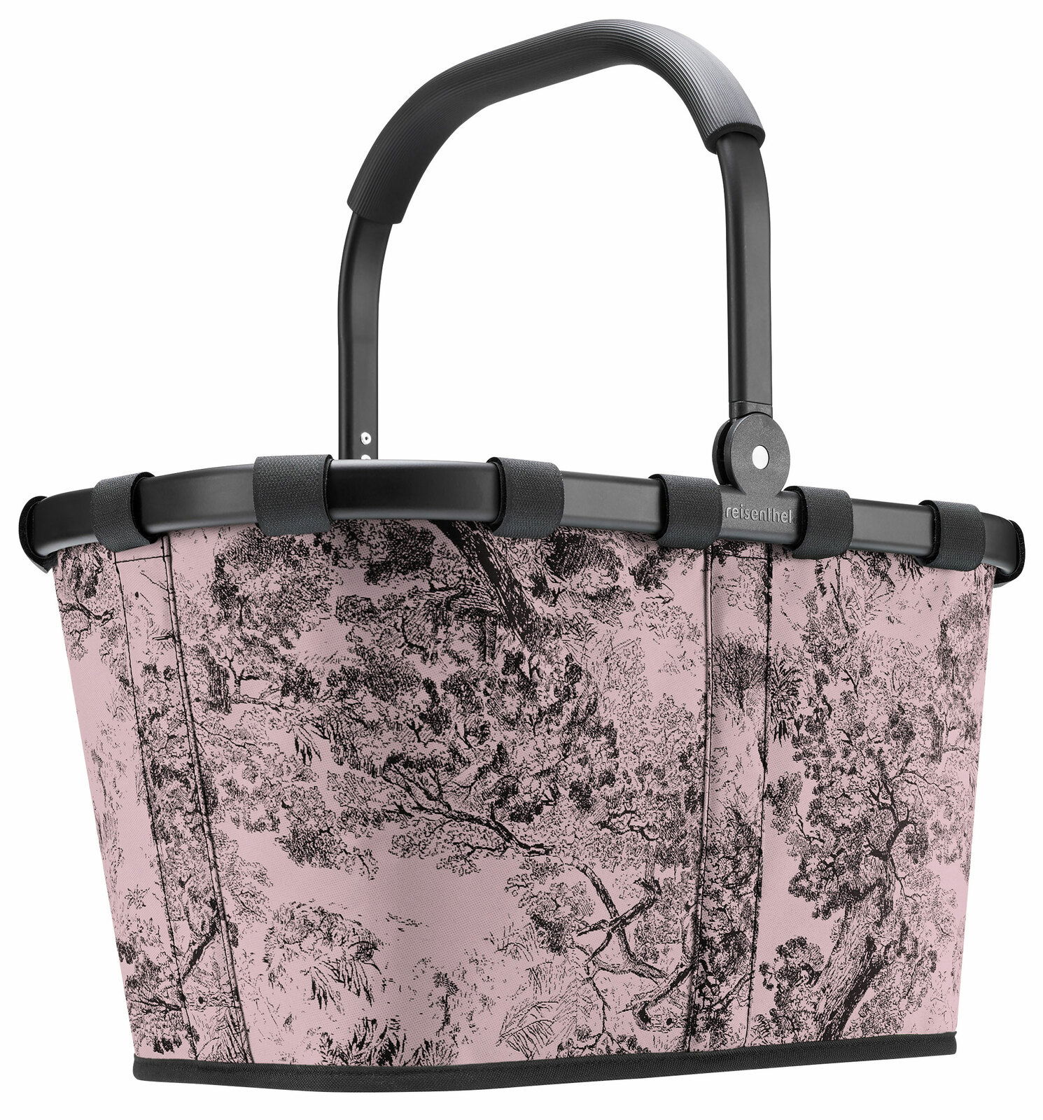 Rosa Einkaufskorb mit schwarzem Griff und Baum-Muster, seitliche Perspektive