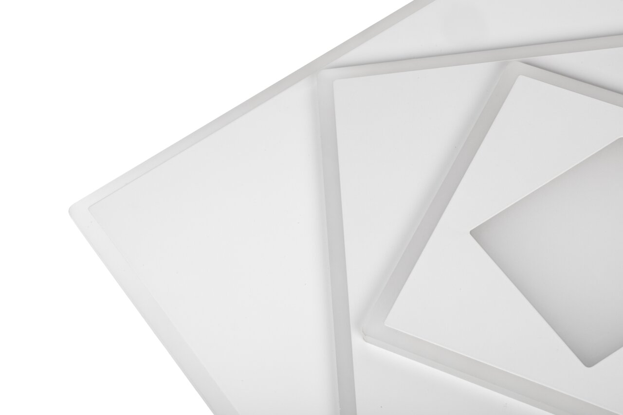 Detailansicht von überlappenden, weißen LED-Deckenleuchten in geometrischen Formen.