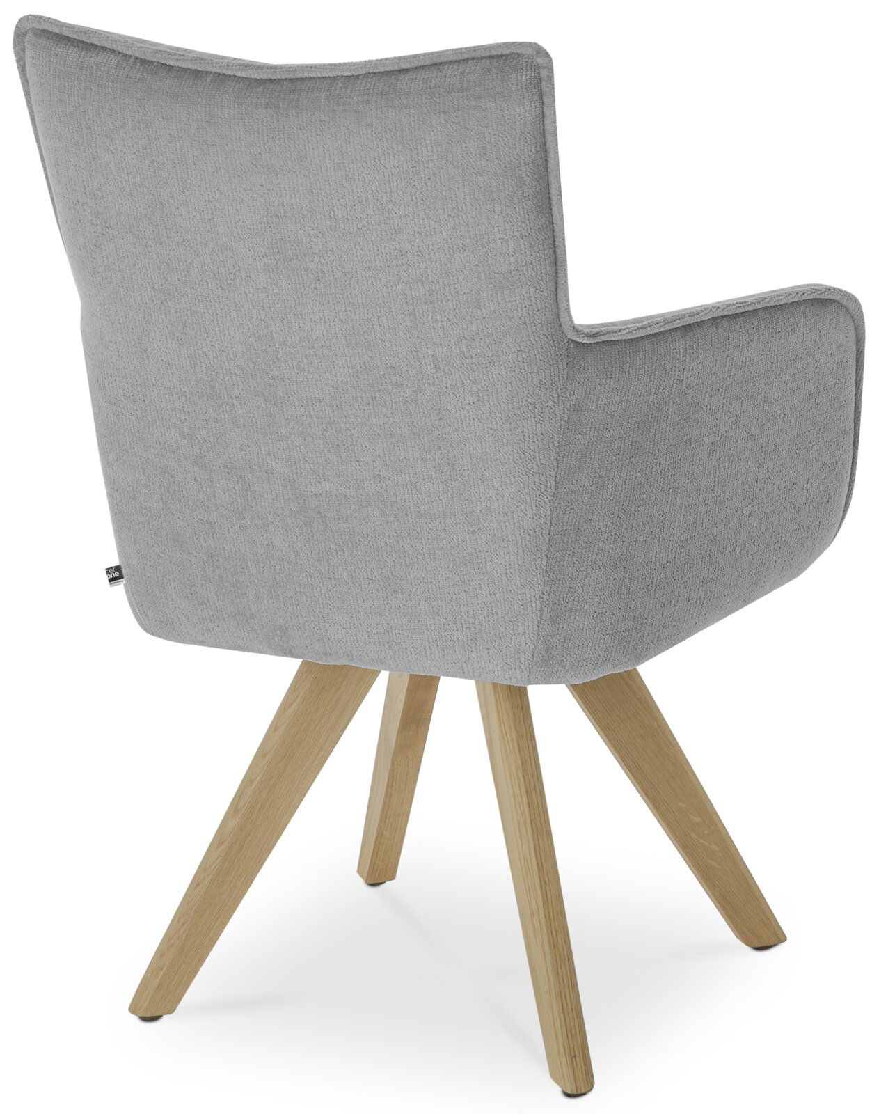 Rückansicht eines grauen Armlehnstuhls mit Holzbeinen