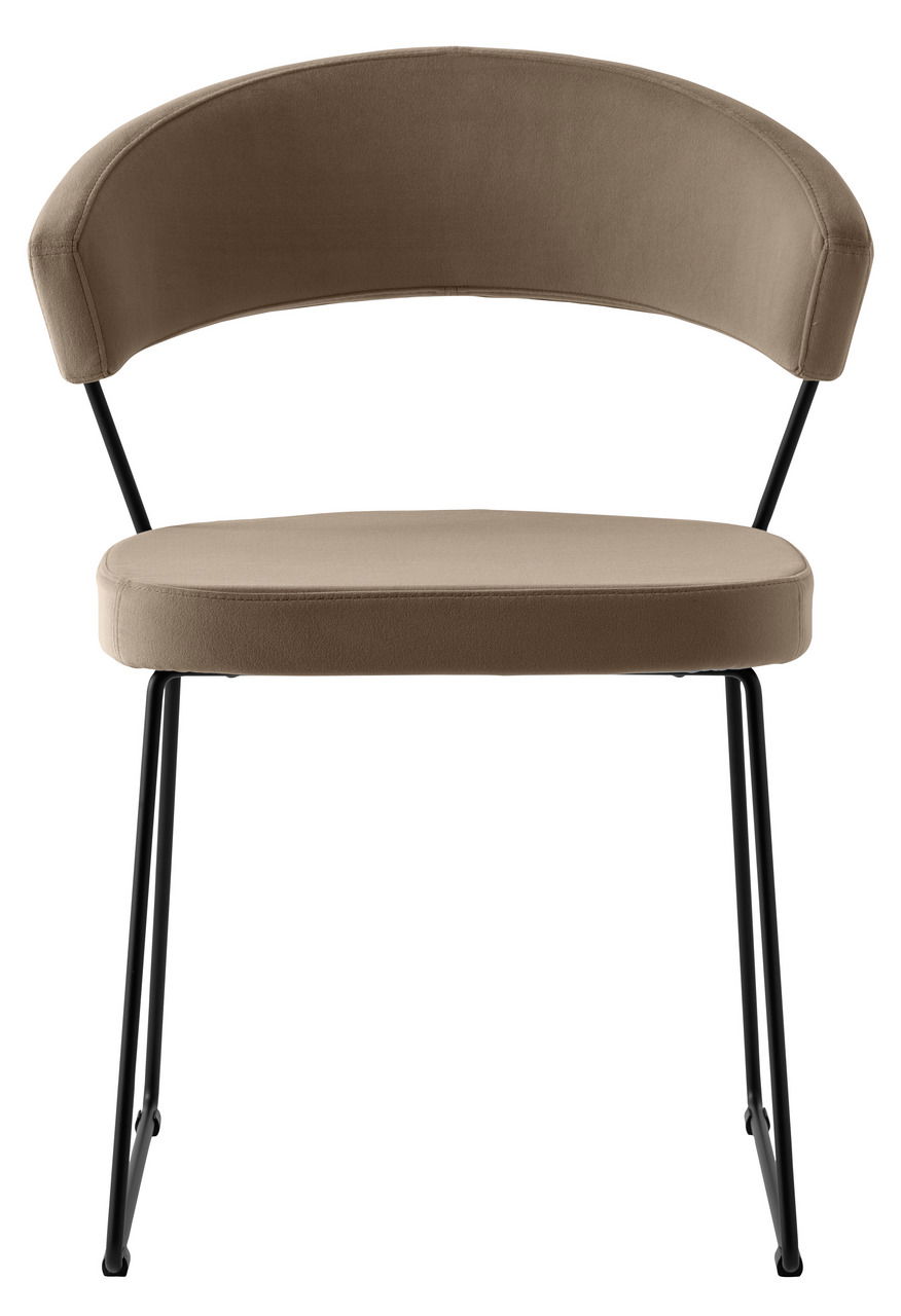 Moderner Stuhl mit braunem Polster und schwarzem Metallgestell, Frontalansicht