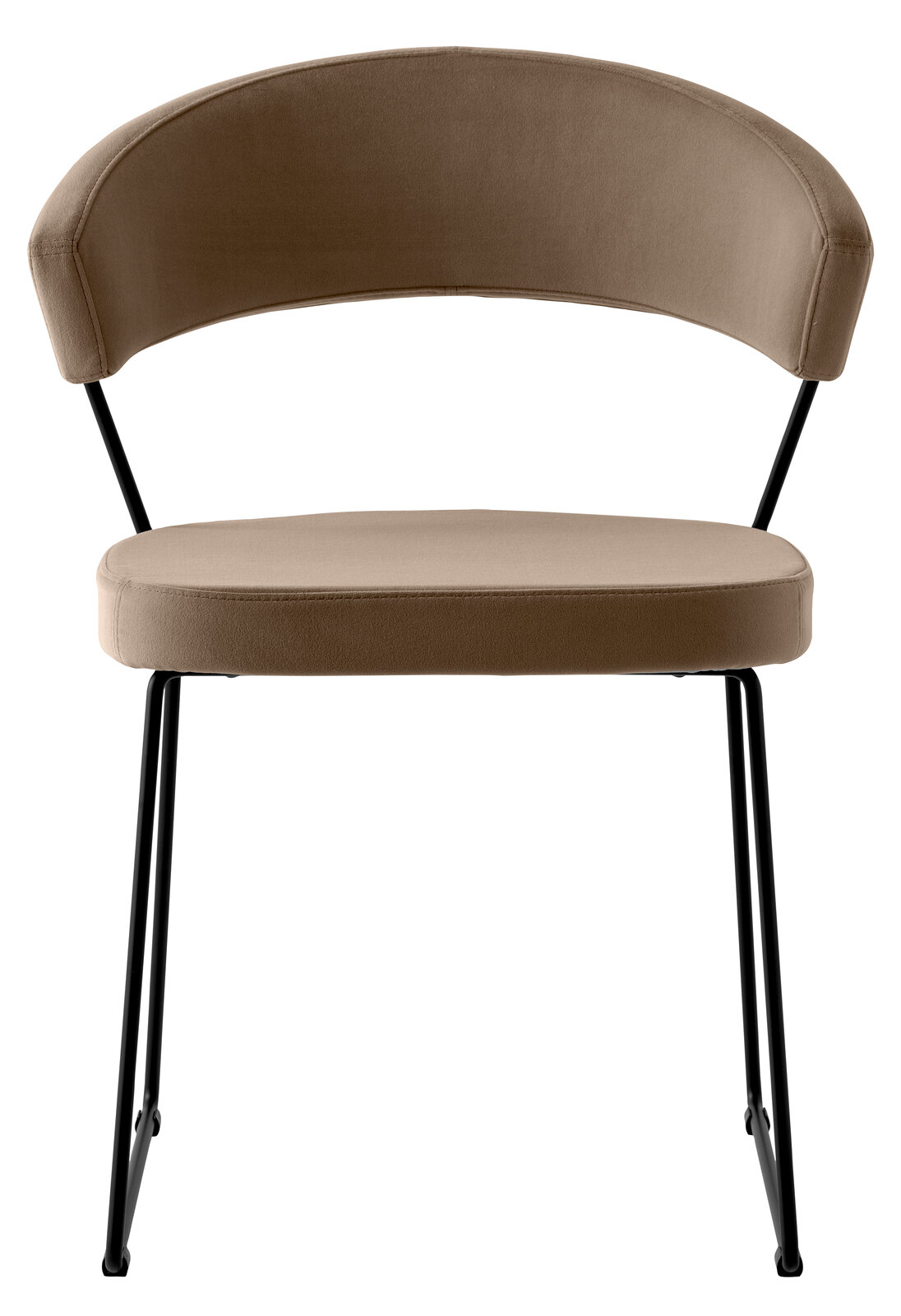 Moderner Stuhl mit braunem Polster und schwarzem Metallgestell, Frontalansicht