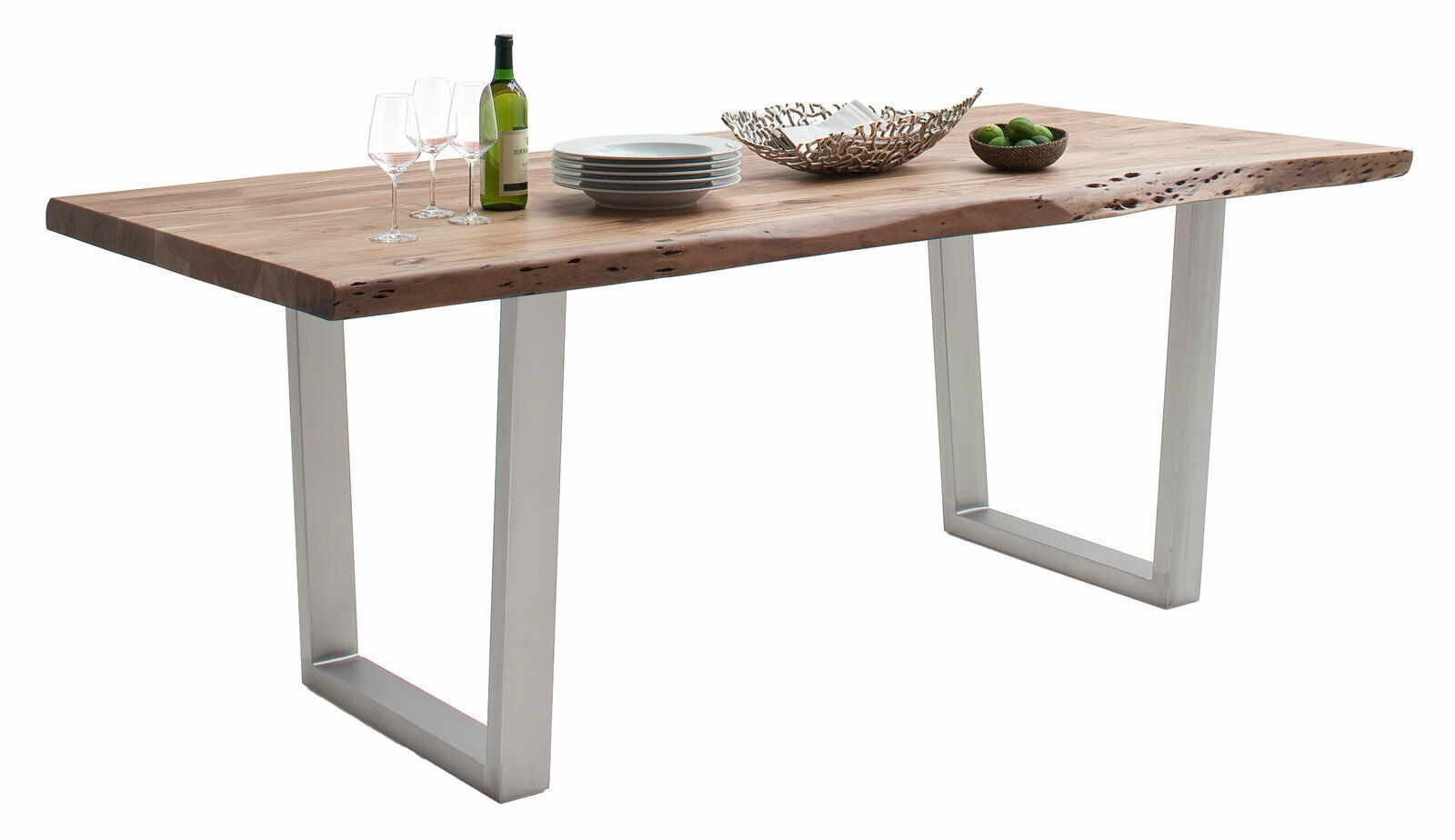 Moderner Esstisch aus Holz mit Metallbeinen, seitliche Perspektive