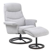 Grauer Relaxsessel mit Hocker, seitliche Perspektive