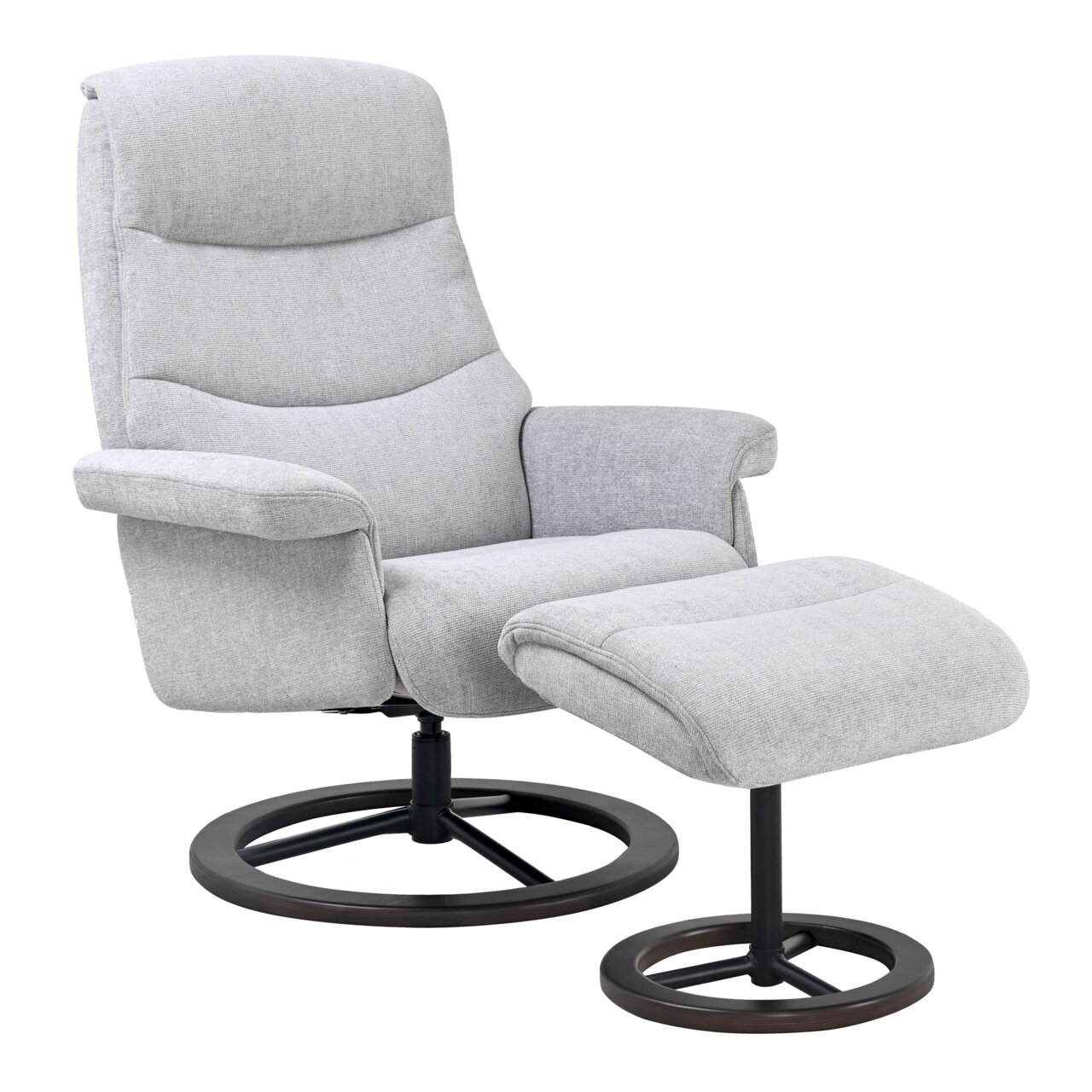 Grauer Relaxsessel mit Hocker, seitliche Perspektive
