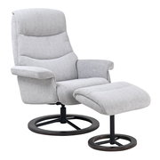 Grauer Relaxsessel mit Hocker, seitliche Perspektive