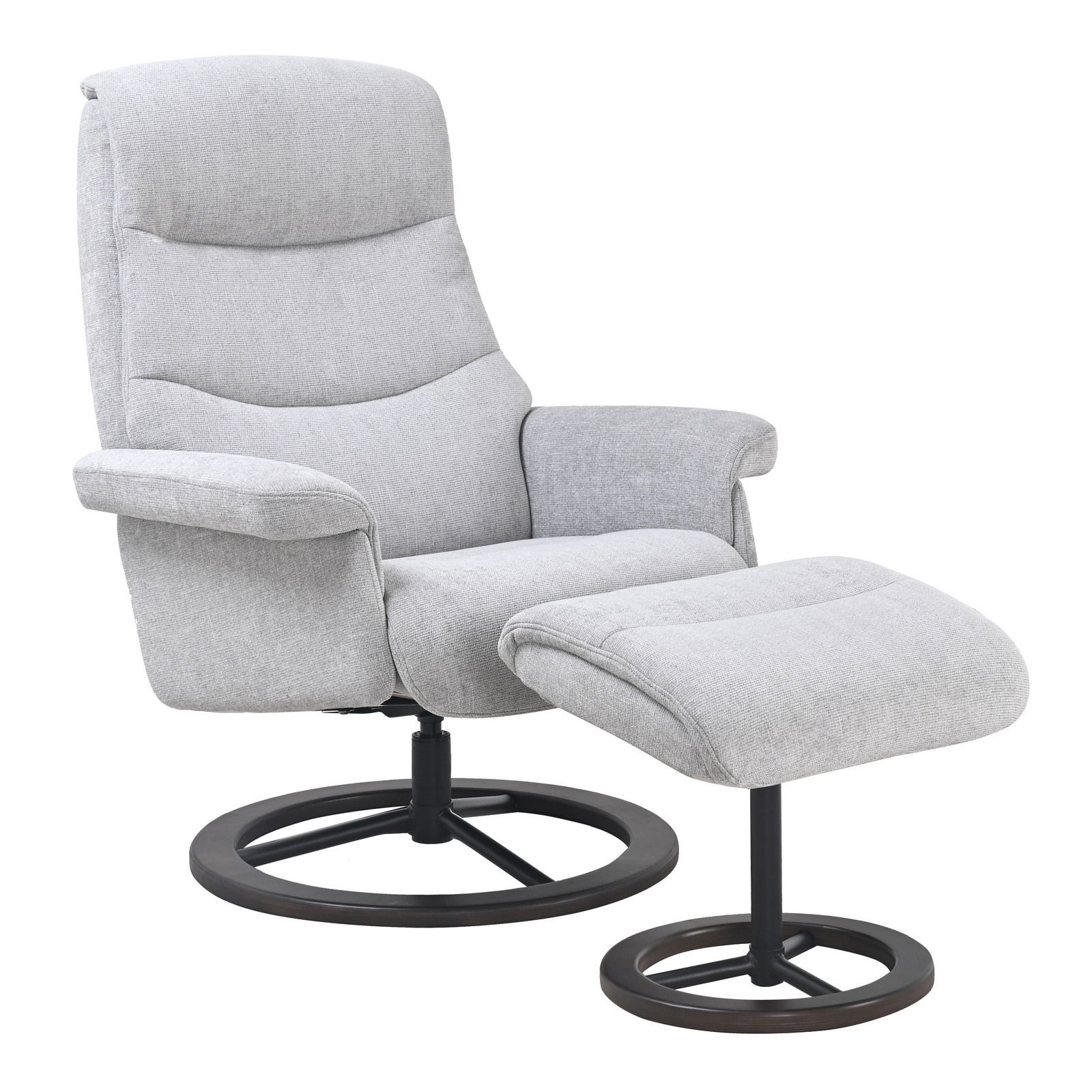 Grauer Relaxsessel mit Hocker, seitliche Perspektive