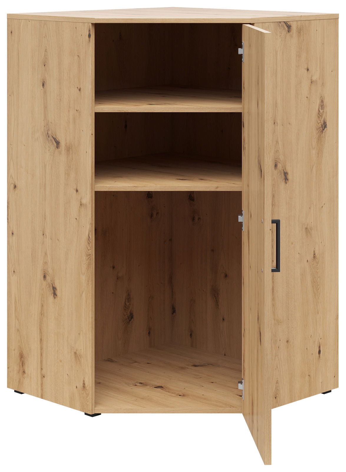 Eckkommode aus Holz mit geöffneter Tür, zwei Regalböden und natürlicher Holzmaserung, Perspektive von vorne.