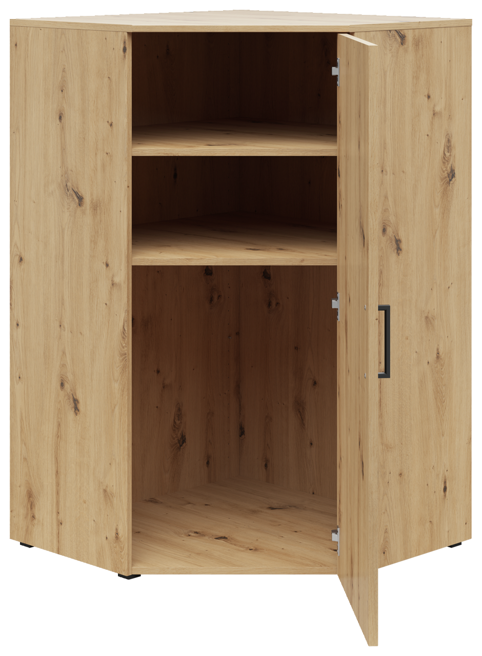 Eckkommode aus Holz mit geöffneter Tür, zwei Regalböden und natürlicher Holzmaserung, Perspektive von vorne.