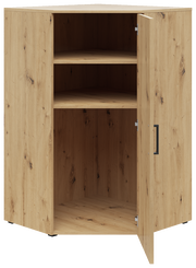 Eckkommode aus Holz mit geöffneter Tür, zwei Regalböden und natürlicher Holzmaserung, Perspektive von vorne.