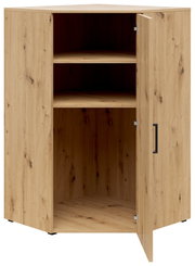 Eckkommode aus Holz mit geöffneter Tür, zwei Regalböden und natürlicher Holzmaserung, Perspektive von vorne.