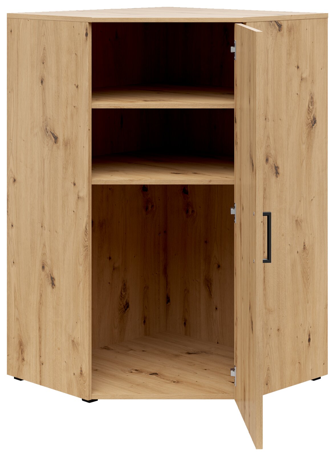 Eckkommode aus Holz mit geöffneter Tür, zwei Regalböden und natürlicher Holzmaserung, Perspektive von vorne.