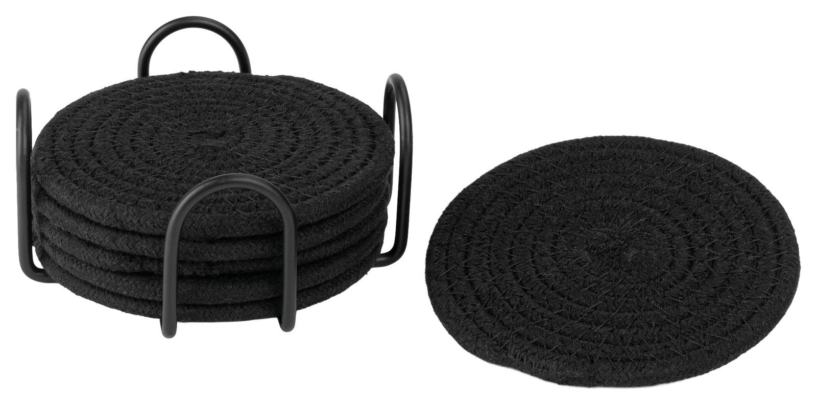 Justinus Baumwolluntersetzer LIFE STYLE Schwarze Baumwolluntersetzer in einem Metallhalter, einer liegt separat daneben, aus der Seitenperspektive fotografiert.