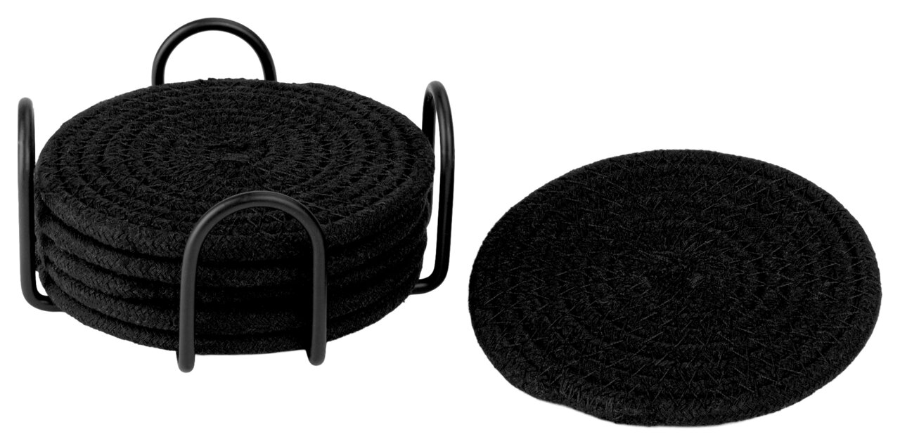 Justinus Baumwolluntersetzer LIFE STYLE Schwarze Baumwolluntersetzer in einem Metallhalter, einer liegt separat daneben, aus der Seitenperspektive fotografiert.