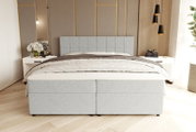 Modernes, hellgraues Boxspringbett mit gepolstertem, kariert abgestepptem Kopfteil und weißer Bettwäsche im stilvollen Schlafzimmer, Frontansicht auf Augenhöhe.