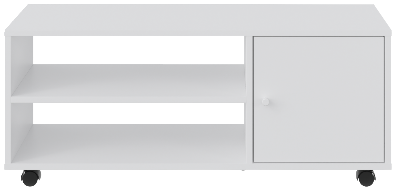 Weißer TV-Rollwagen mit zwei offenen Regalfächern und einer Tür, auf Rollen, Frontalansicht