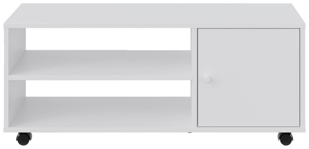 Weißer TV-Rollwagen mit zwei offenen Regalfächern und einer Tür, auf Rollen, Frontalansicht