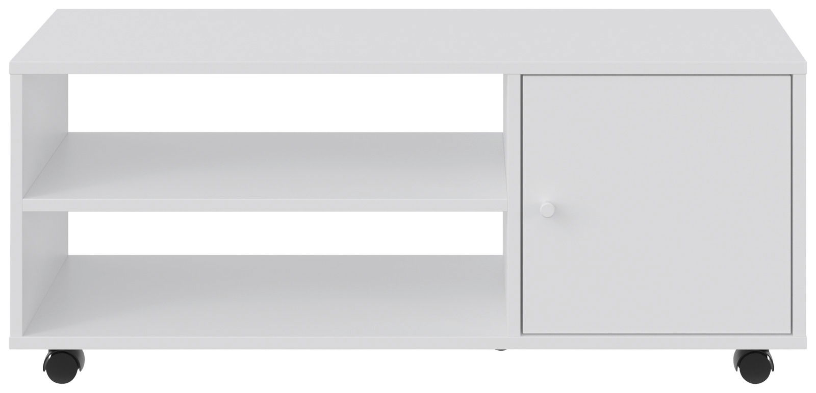 Weißer TV-Rollwagen mit zwei offenen Regalfächern und einer Tür, auf Rollen, Frontalansicht