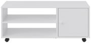 Weißer TV-Rollwagen mit zwei offenen Regalfächern und einer Tür, auf Rollen, Frontalansicht