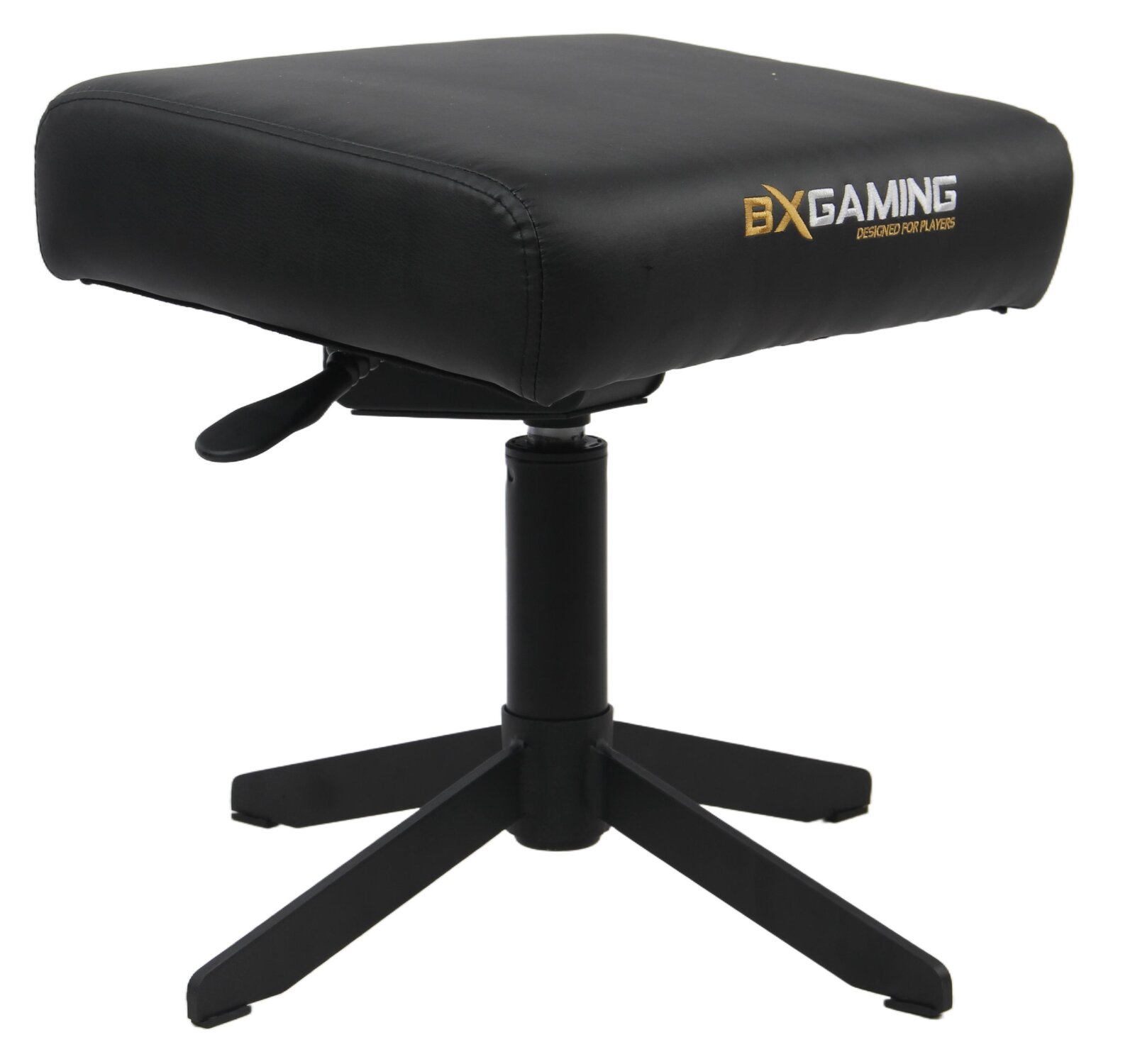 Schwarzer Gaming Hocker mit BXGaming Logo, seitliche Perspektive