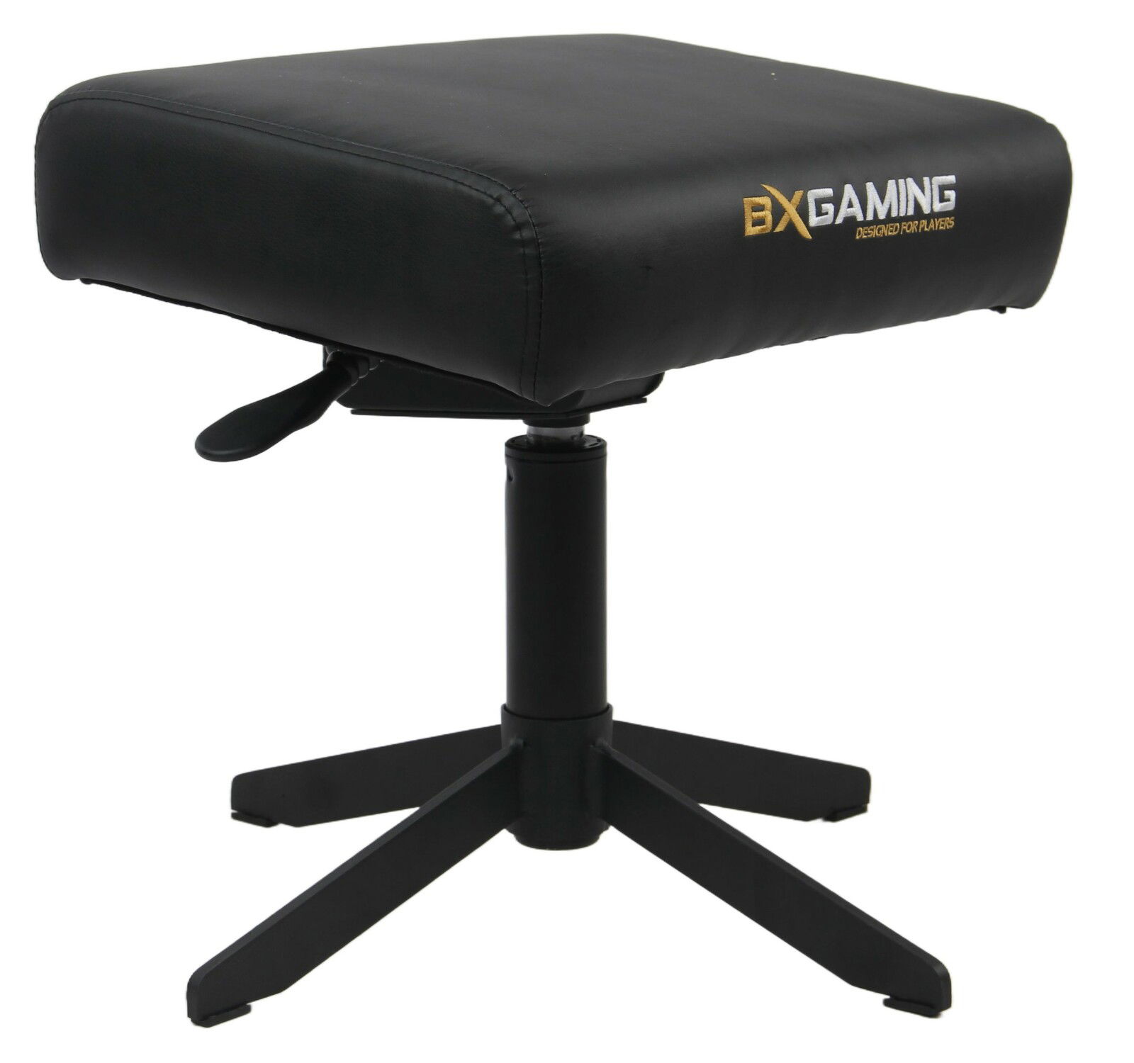 Schwarzer Gaming Hocker mit BXGaming Logo, seitliche Perspektive