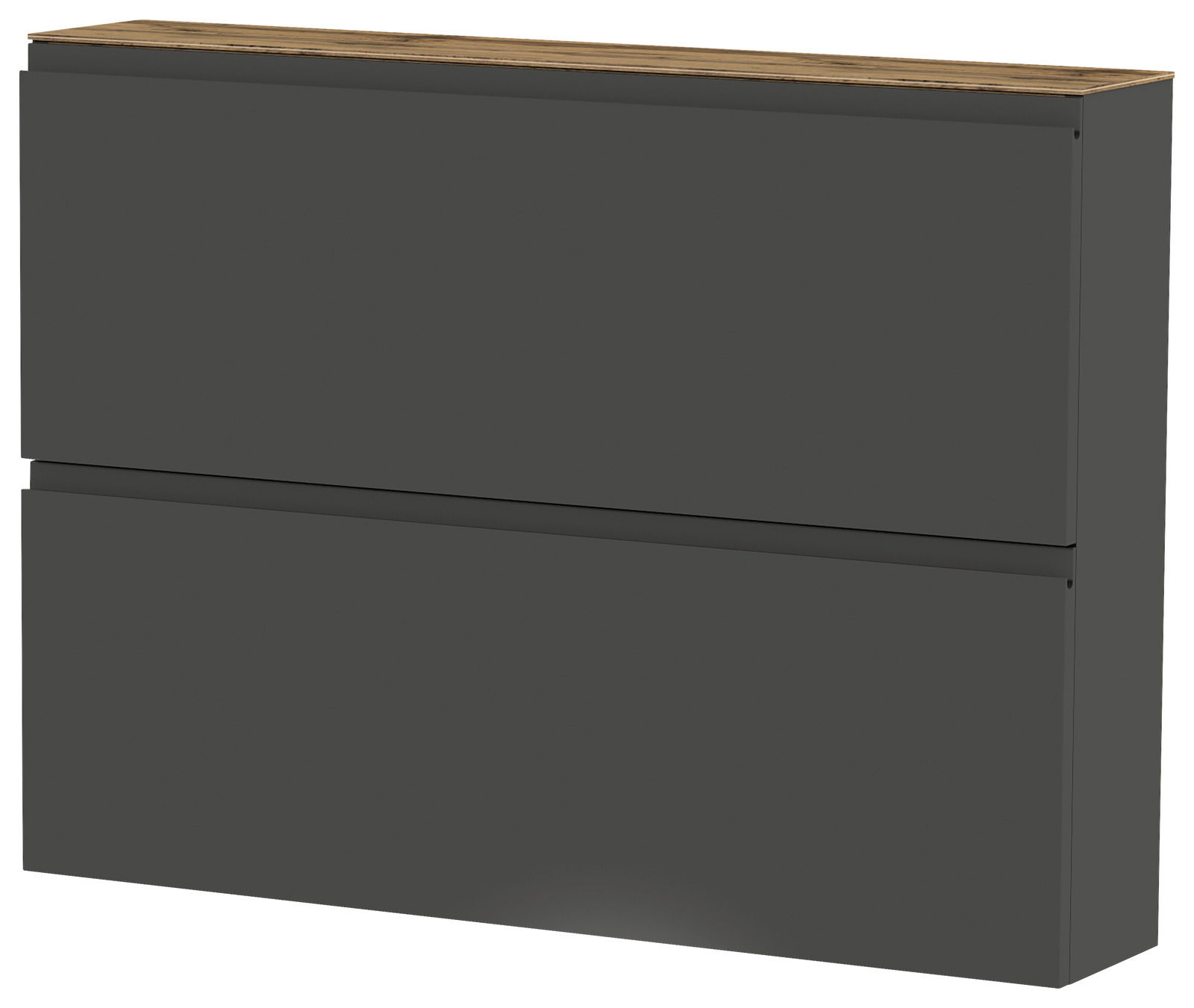 Moderner Hängeschuhschrank in dunklem Grau mit zwei Klappen und einer Holzoberfläche, seitliche Perspektive
