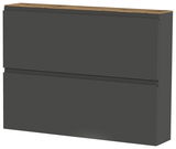 Moderner Hängeschuhschrank in dunklem Grau mit zwei Klappen und einer Holzoberfläche, seitliche Perspektive