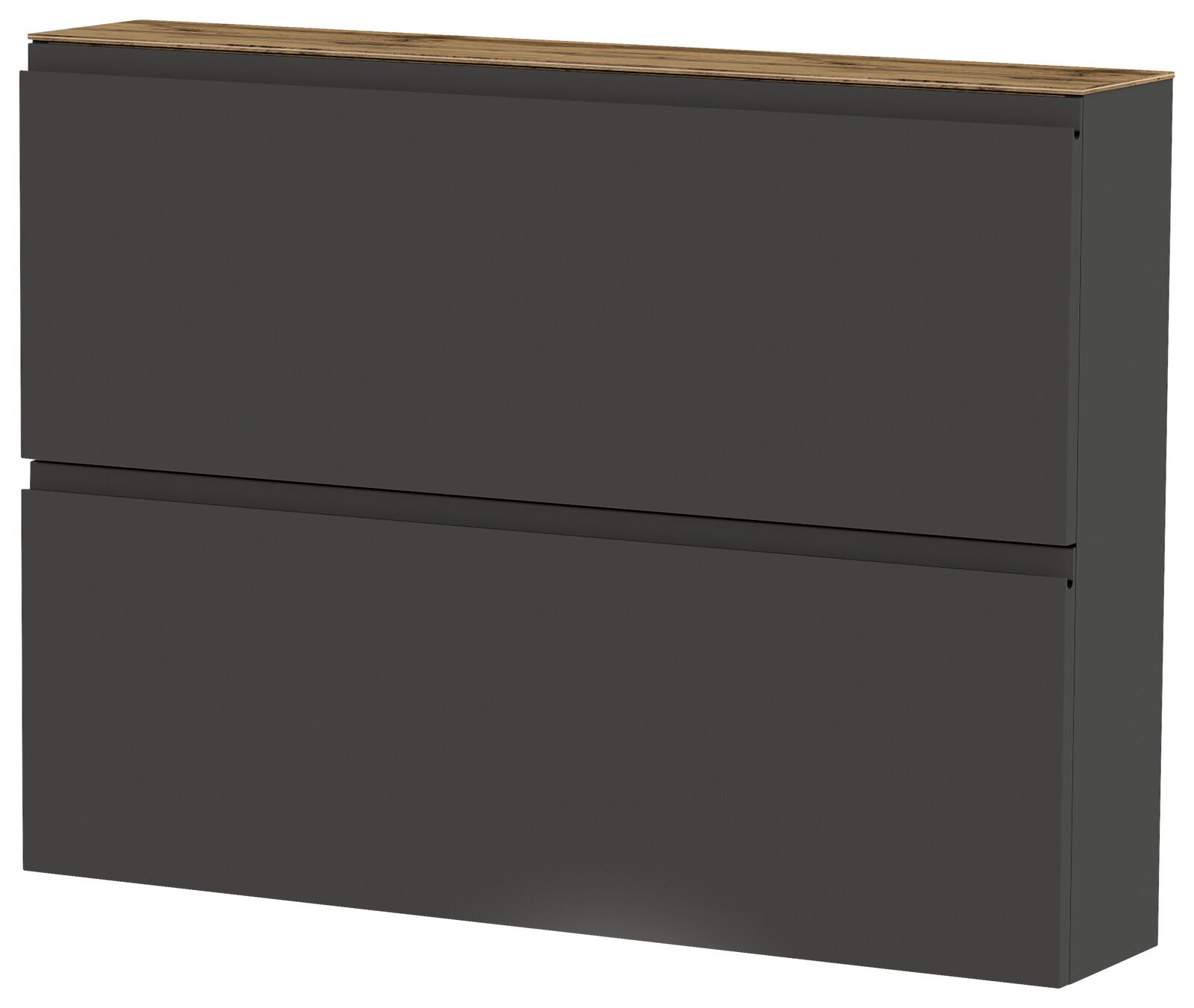 Moderner Hängeschuhschrank in dunklem Grau mit zwei Klappen und einer Holzoberfläche, seitliche Perspektive