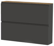 Moderner Hängeschuhschrank in dunklem Grau mit zwei Klappen und einer Holzoberfläche, seitliche Perspektive