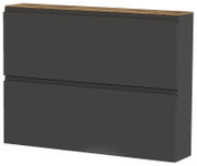 Moderner Hängeschuhschrank in dunklem Grau mit zwei Klappen und einer Holzoberfläche, seitliche Perspektive