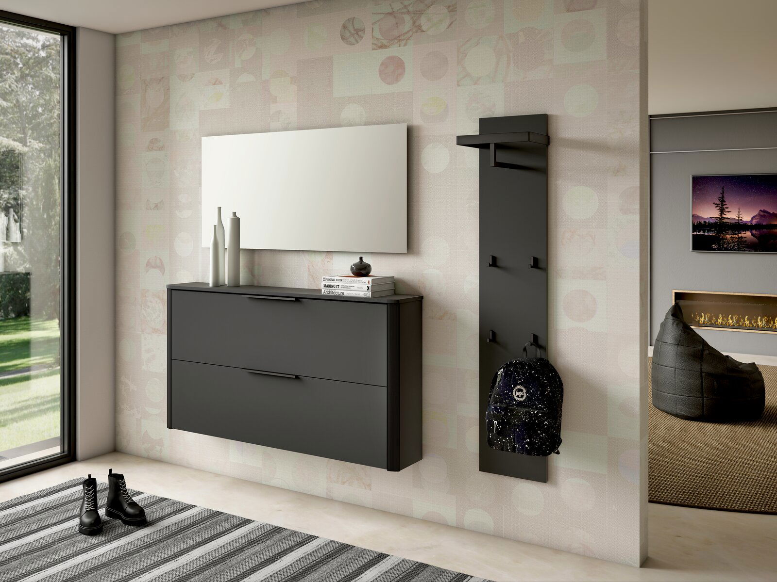 Dieter Knoll Hängeschuhschrank SIENA Moderner Hängeschuhschrank in dunklem Design, frontal betrachtet, mit zwei Schubladen und dekorativen Elementen auf der Oberseite, neben einem passenden Wandpaneel mit Haken.