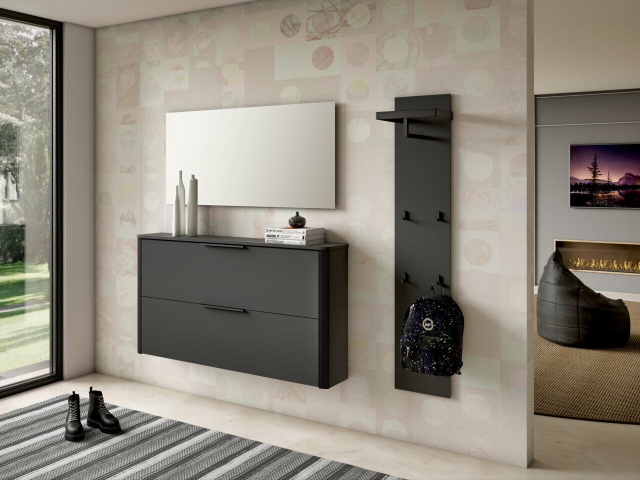 Moderner Hängeschuhschrank in dunklem Design, frontal betrachtet, mit zwei Schubladen und dekorativen Elementen auf der Oberseite, neben einem passenden Wandpaneel mit Haken.